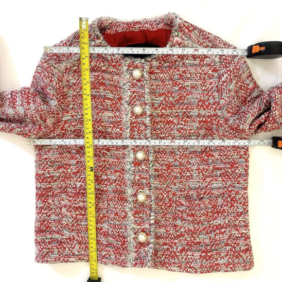 Zara Woman Red Pink Tweed Boucle Jacket Blazer M Pearl Button Frayed Blogger - Picture 3 of 16